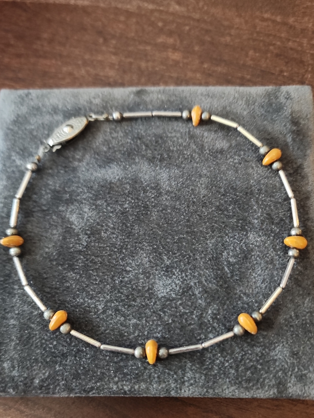 Beaded Silver-Tone Anklet with Amber Beads